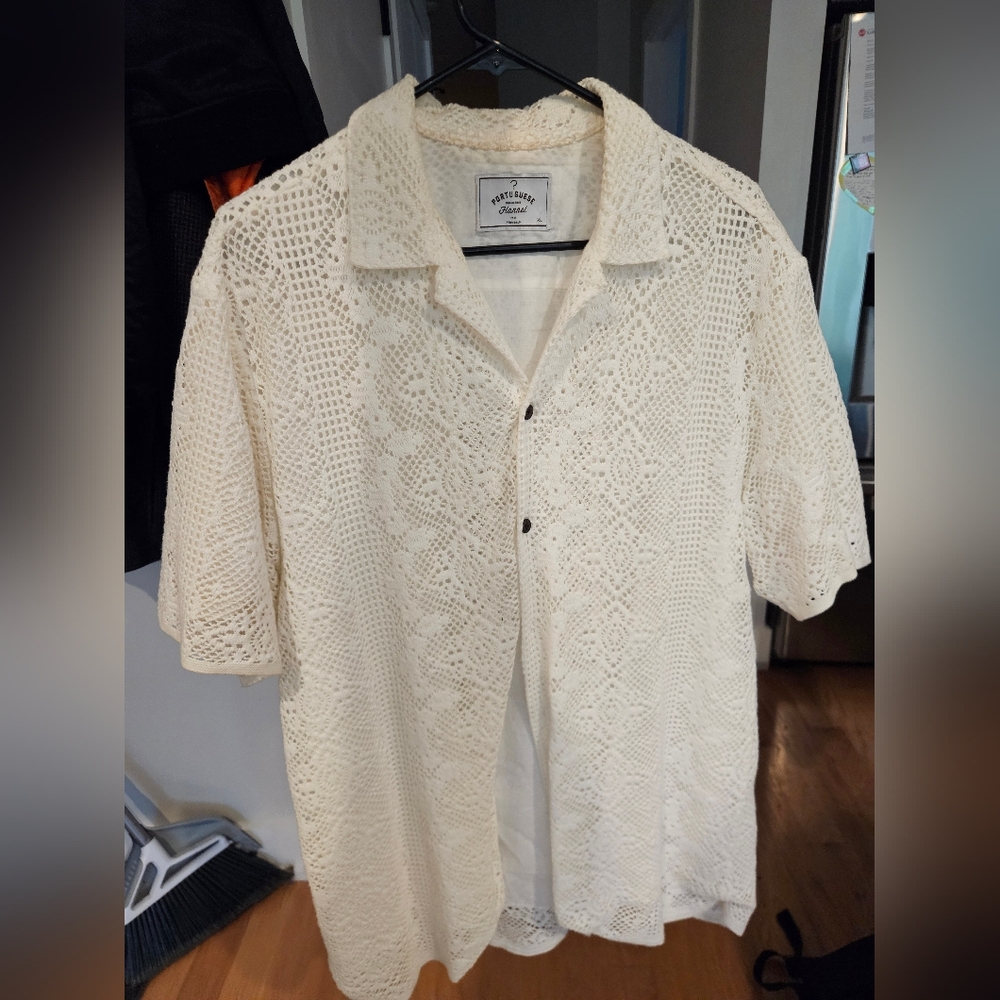 Portuguese Flannel XL Grandma Knit Crocheted Short Sleeve Button Up Cream
